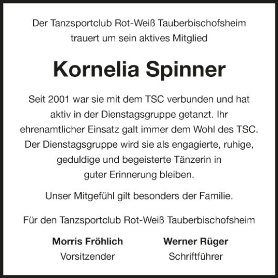 Traueranzeige von Kornelia Spinner von Fränkische Nachrichten