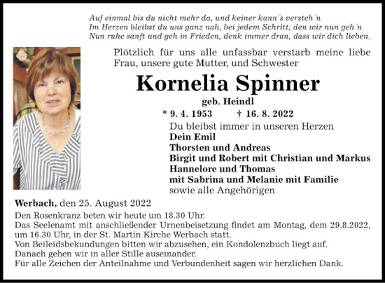 Traueranzeige von Kornelia Spinner von Fränkische Nachrichten