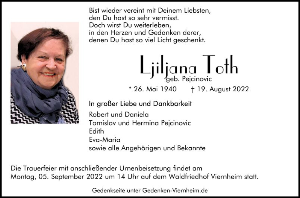  Traueranzeige für Ljiljana Toth vom 31.08.2022 aus Mannheimer Morgen