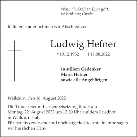 Traueranzeige von Ludwig Hefner von Fränkische Nachrichten