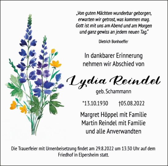 Traueranzeige von Lydia Reindel von Fränkische Nachrichten