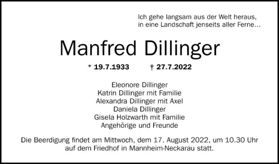 Traueranzeige von Manfred Dillinger von Mannheimer Morgen