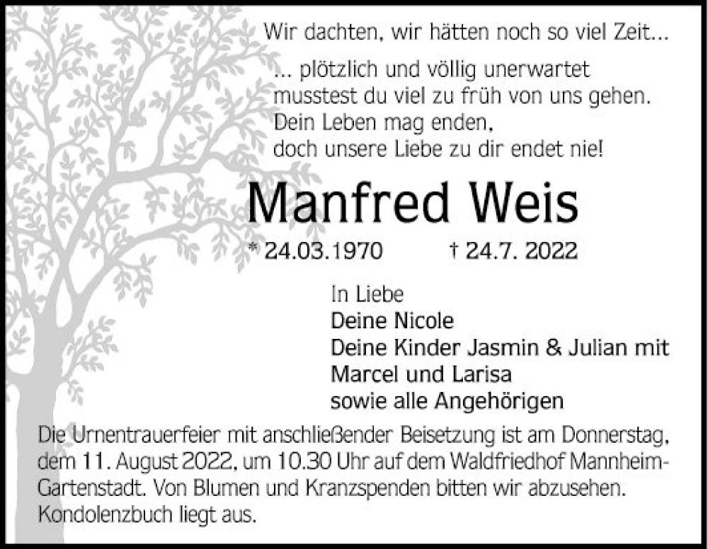  Traueranzeige für Manfred Weis vom 06.08.2022 aus Mannheimer Morgen