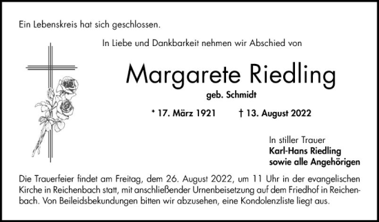 Traueranzeige von Margarete Riedling von Bergsträßer Anzeiger