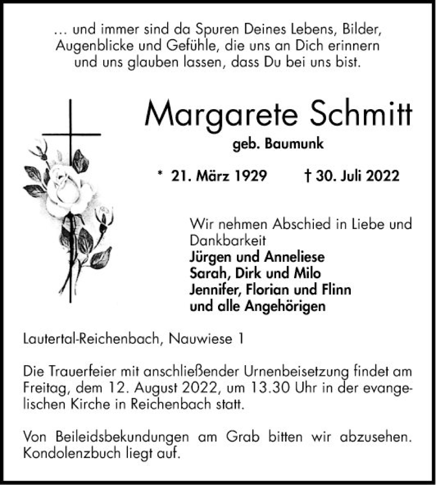 Traueranzeige für Margarete Schmitt vom 06.08.2022 aus Bergsträßer Anzeiger