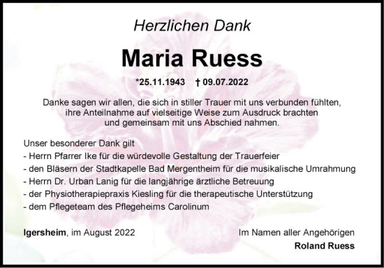 Traueranzeige von Maria Ruess von Fränkische Nachrichten