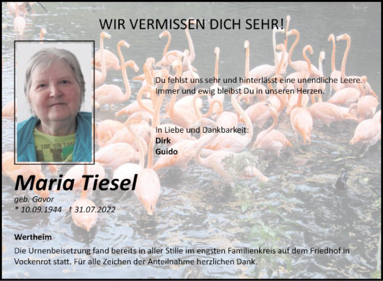 Traueranzeige von Maria Tiesel von Fränkische Nachrichten