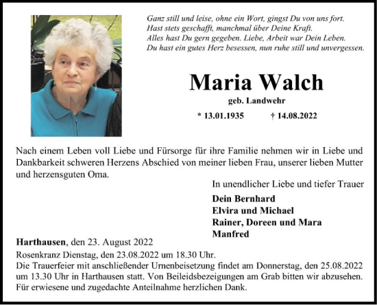 Traueranzeige von Maria Walch von Fränkische Nachrichten