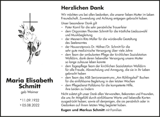 Traueranzeige von Maria Elisabeth Schmitt von Fränkische Nachrichten