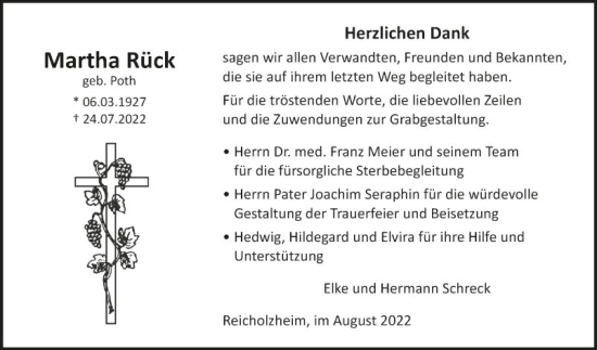 Traueranzeige von Martha Rück von Fränkische Nachrichten