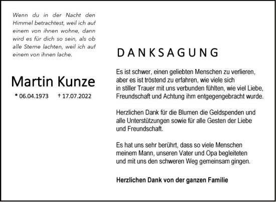 Traueranzeige von Martin Kunze von Fränkische Nachrichten