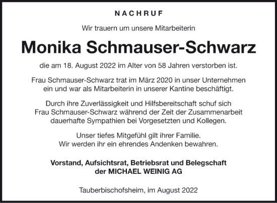 Traueranzeige von Monika Schmauser-Schwarz von Fränkische Nachrichten