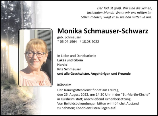 Traueranzeige von Monika Schmauser-Schwarz von Fränkische Nachrichten