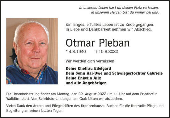 Traueranzeige von Otmar Pleban von Fränkische Nachrichten