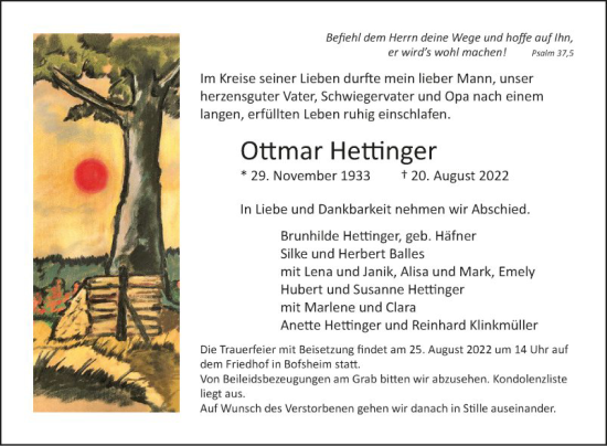 Traueranzeige von Ottmar Hedinger von Fränkische Nachrichten