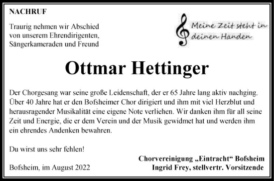 Traueranzeige von Ottmar Hettinger von Fränkische Nachrichten