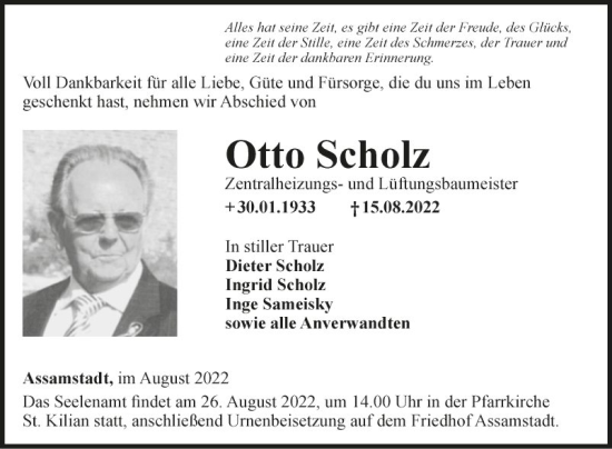 Traueranzeige von Otto Scholz von Fränkische Nachrichten