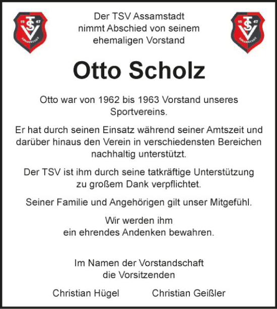 Traueranzeige von Otto Scholz von Fränkische Nachrichten