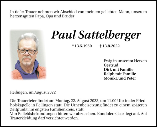 Traueranzeige von Paul Sattelberger von Schwetzinger Zeitung