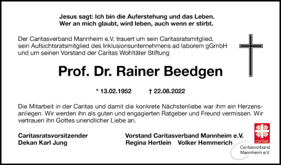 Traueranzeige von Rainer Beedgen von Mannheimer Morgen