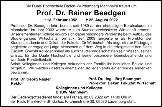 Traueranzeige von Rainer Beedgen von Mannheimer Morgen