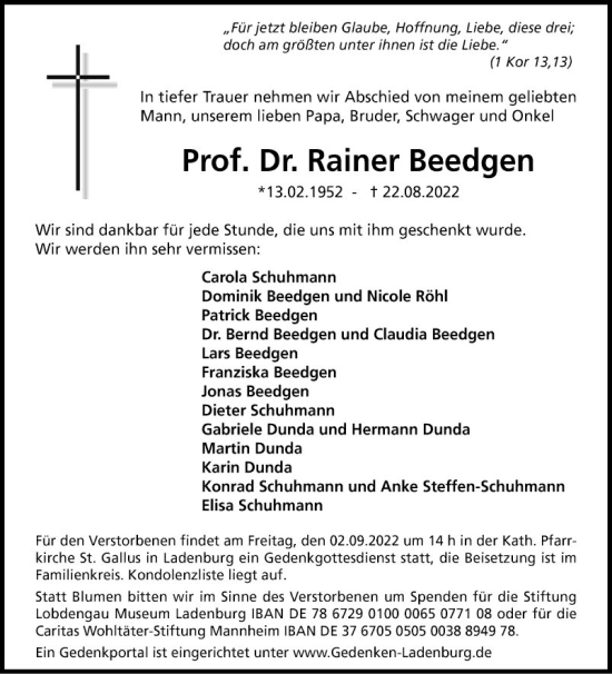 Traueranzeige von Rainer Beedgen von Mannheimer Morgen