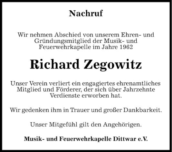 Traueranzeige von Richard Zegowitz von Fränkische Nachrichten