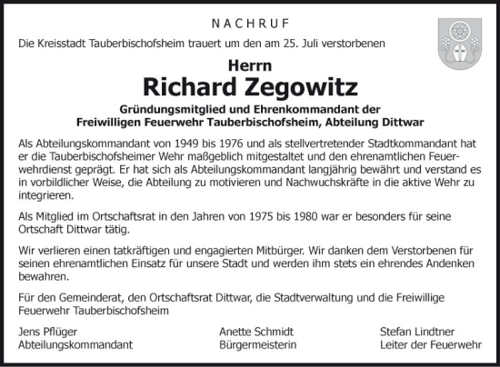 Traueranzeige von Richard Zegowitz von Fränkische Nachrichten