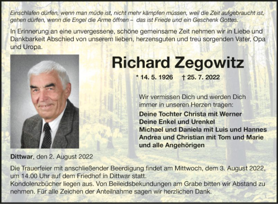 Traueranzeige von Richard Zegowitz von Fränkische Nachrichten