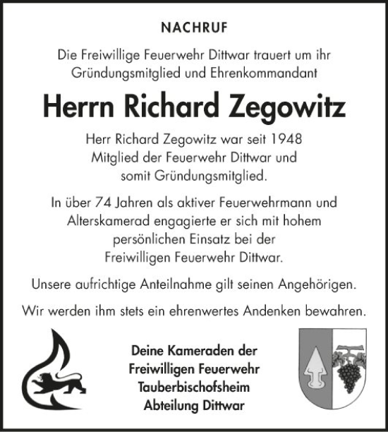 Traueranzeige von Richard Zegowitz von Fränkische Nachrichten