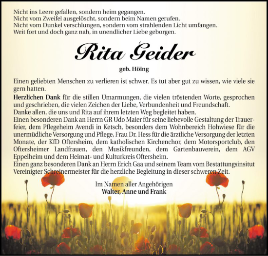 Traueranzeige von Rita Geider von Schwetzinger Zeitung