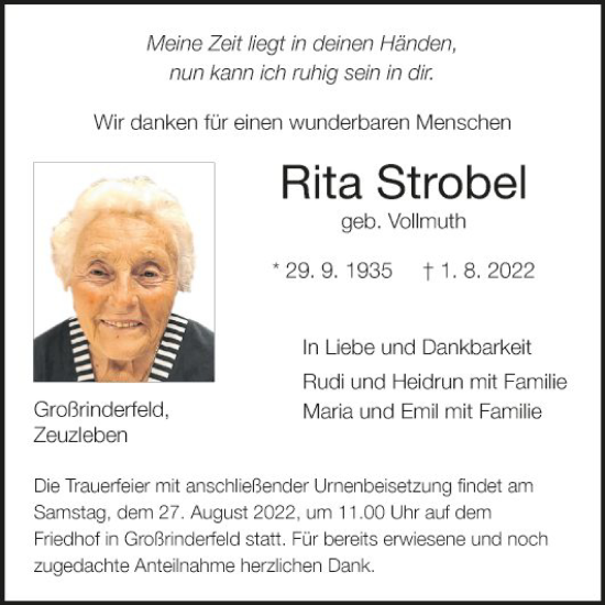 Traueranzeige von Rita Strobel von Fränkische Nachrichten