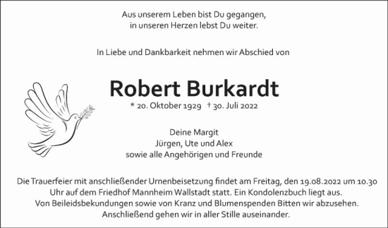 Traueranzeigen von Robert Burkardt | Trauerportal Ihrer Tageszeitung