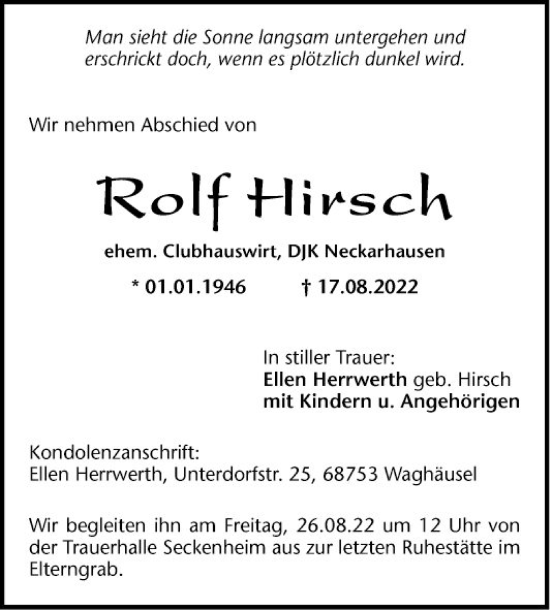 Traueranzeige von Rolf Hirsch von Mannheimer Morgen