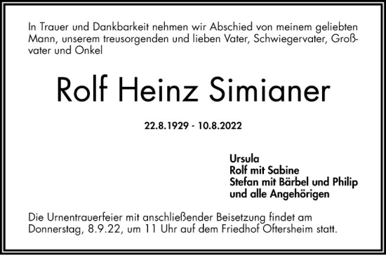 Traueranzeige von Rolf Heinz Simianer von Schwetzinger Zeitung