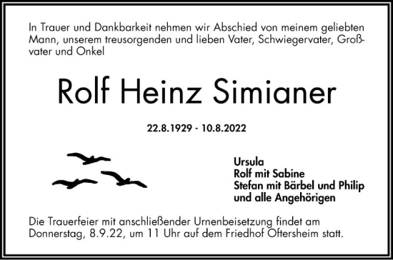 Traueranzeige von Rolf Heinz Simianer von Schwetzinger Zeitung