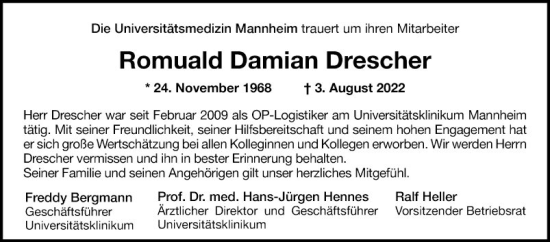 Traueranzeige von Romuald Damian Drescher von Mannheimer Morgen