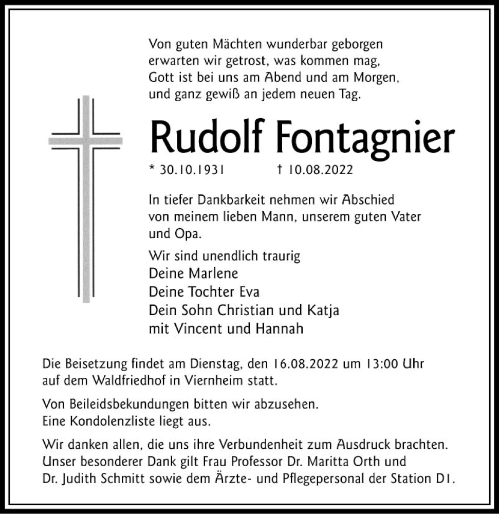  Traueranzeige für Rudolf Fontagnier vom 13.08.2022 aus Mannheimer Morgen