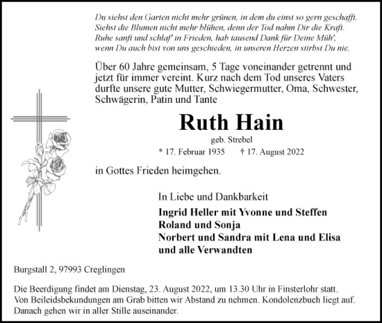 Traueranzeige von Ruth Hain von Fränkische Nachrichten