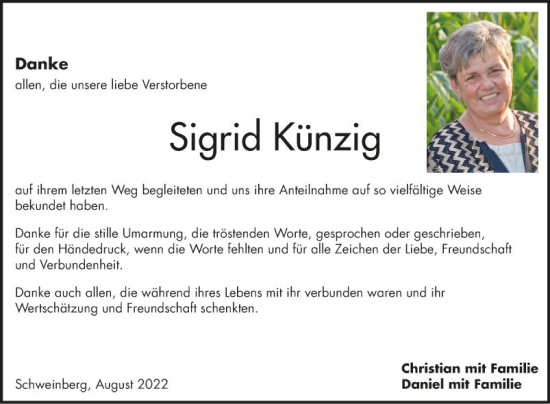 Traueranzeige von Sigrid Künzig von Fränkische Nachrichten