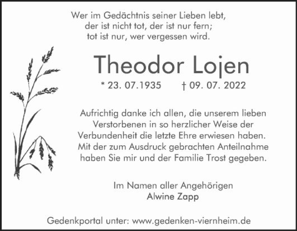  Traueranzeige für Theodor Lojen vom 06.08.2022 aus Mannheimer Morgen
