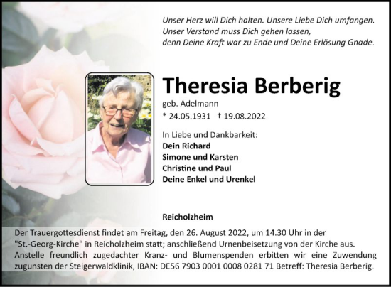 Traueranzeige von Theresia Berberig von Fränkische Nachrichten