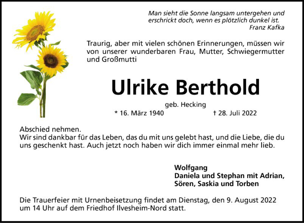  Traueranzeige für Ulrike Berthold vom 06.08.2022 aus Mannheimer Morgen
