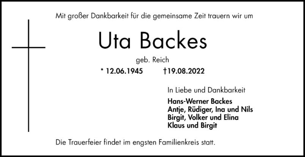  Traueranzeige für Uta Backes vom 27.08.2022 aus Mannheimer Morgen