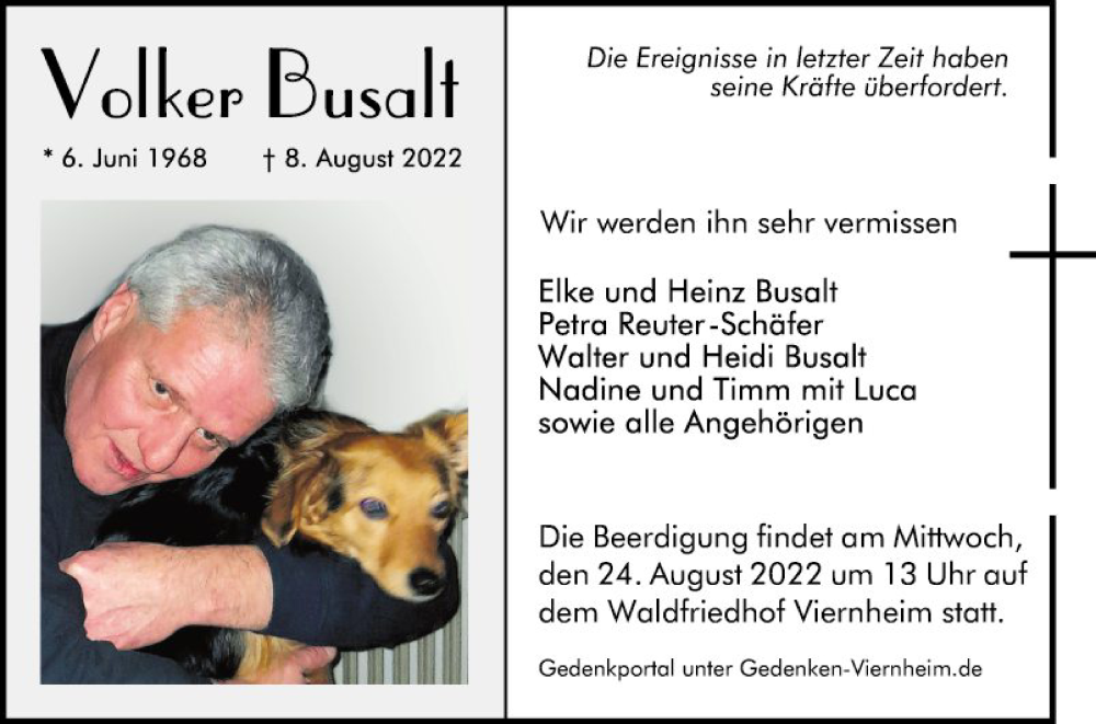  Traueranzeige für Volker Busalt vom 17.08.2022 aus Mannheimer Morgen