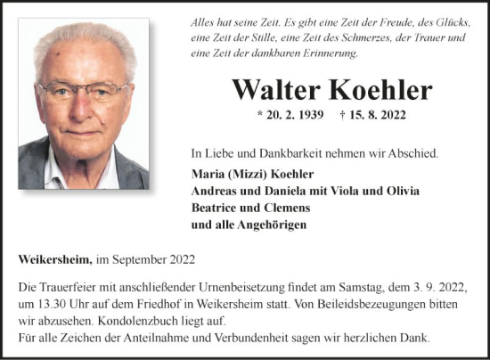 Traueranzeige von Walter Koehler von Fränkische Nachrichten