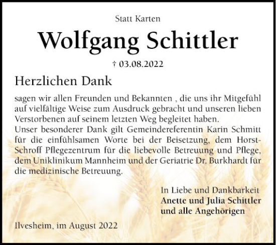 Traueranzeige von Wolfgang Schilder von Mannheimer Morgen