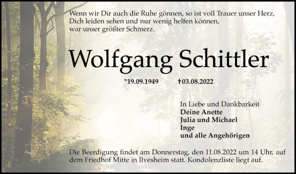  Traueranzeige für Wolfgang Schittler vom 06.08.2022 aus Mannheimer Morgen