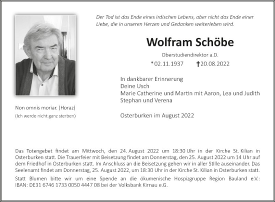 Traueranzeige von Wolfram Schöbe von Fränkische Nachrichten