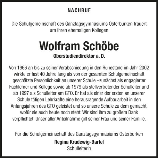 Traueranzeige von Wolfram Schöbe von Fränkische Nachrichten